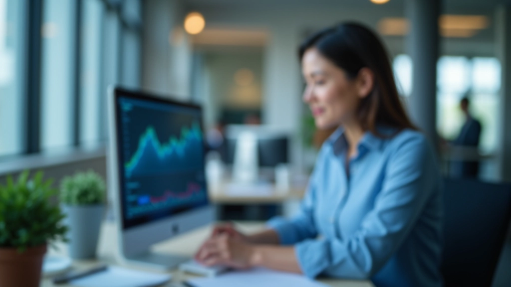 Profesional analizando datos de comisiones de gestión en pantalla de computadora con gráficos de inversión