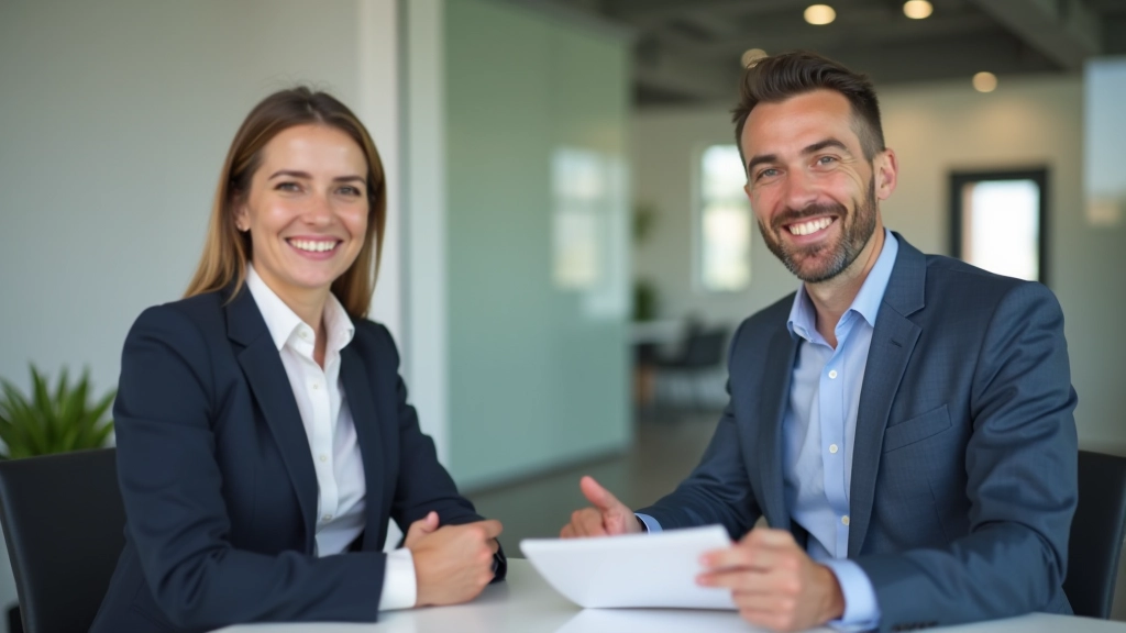 Empresario y empleada en reunión revisando documentación de plan simplificado en mesa moderna