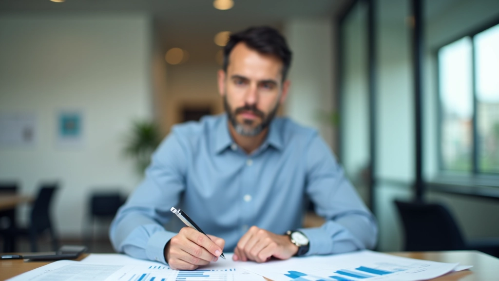 Profesional revisando documentación de plan de pensión en escritorio moderno con gráficos financieros