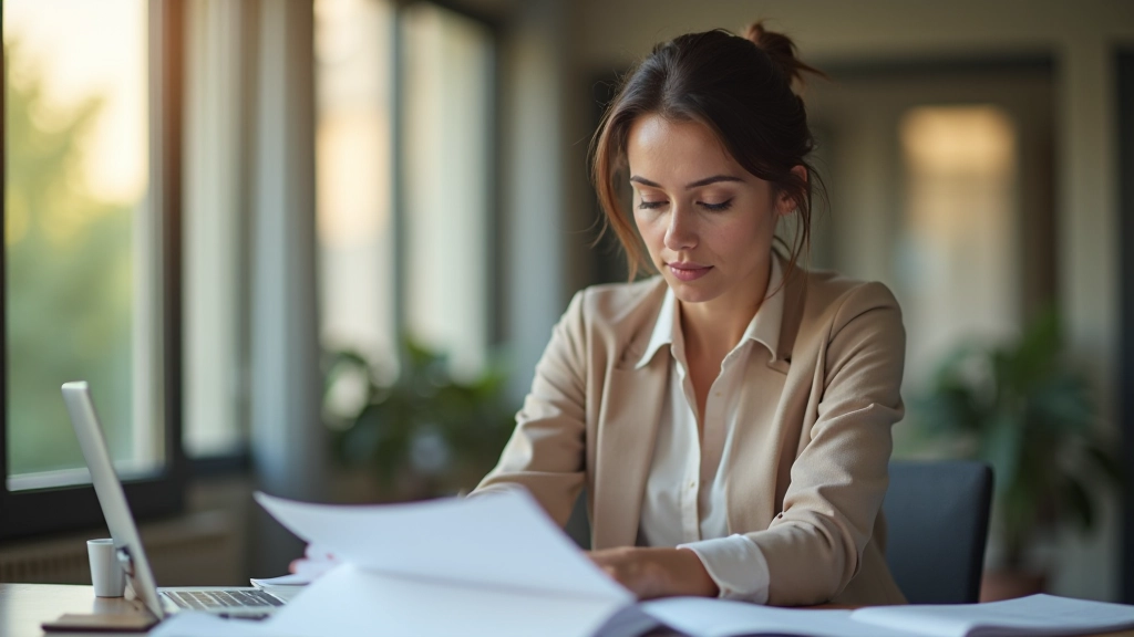 Persona profesional en oficina moderna revisando documentos de pensión en escritorio